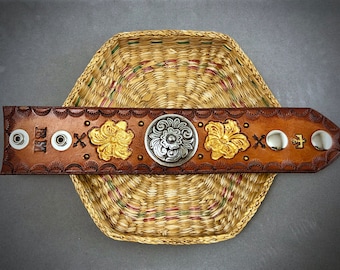 Leather Cuff with Silver Concho and Gold Lilies XS
