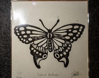 Original Butterfly Block Print - Hand-carved Linocut Art 5.5"x5.5"