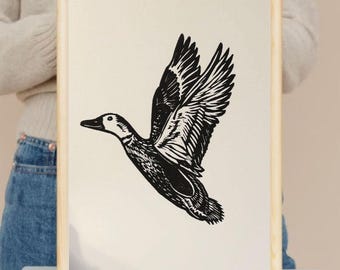 Original Duck in Flight Block Print - Hand-carved Linocut Art 8"x10"
