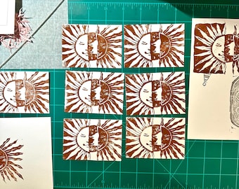 Sun Moon Block Print ACEO – Hand-Pressed Miniature Art Card