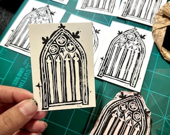 Gothic Window Block Print ACEO – Hand-Stamped Miniature Art Card