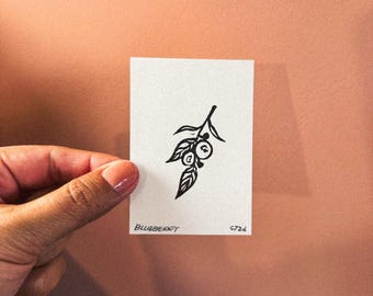 Blueberry Branch Block Print ACEO – Hand-Stamped Miniature Art Card