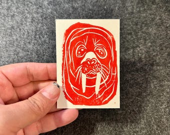 Red Walrus Block Print ACEO – Miniature Nature Art Card