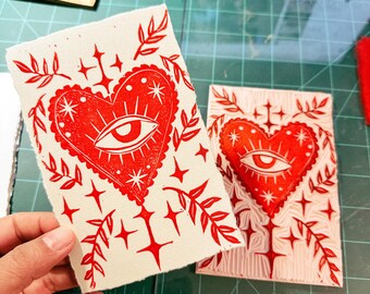 Original Hand Carved Linocut Print - 'Eye Love You' - 4"x6"