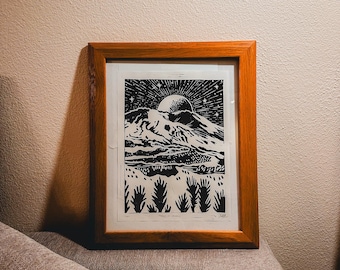 Original Mount St Helens Block Print - Hand Carved Linocut Art 9"x12"