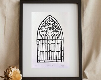 Original Starlight Gothic Window Linocut Block Print - Hand Carved 5.5" x 8.5"