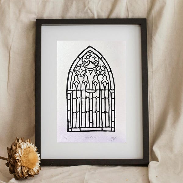Original Starlight Gothic Window Linocut Block Print - Hand Carved 5.5" x 8.5"