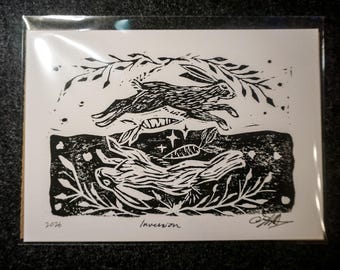 Original Inverted Rabbit Block Print - Hand-carved Linocut Art 5"x7"