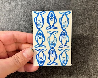 Blue Fish Linocut Print - Handmade ACEO Miniature Art Card