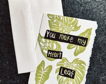 Block Print Greeting Card 'You Make My Heart Leaf' - Hand-carved Linocut Card 3.5" x 5"