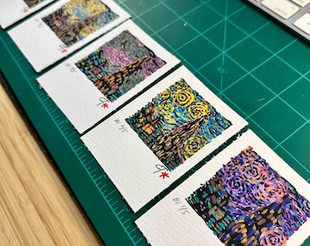 Starry Night Linocut ACEO – Hand Painted Miniature Art Card, Van Gogh Inspired Mixed Media