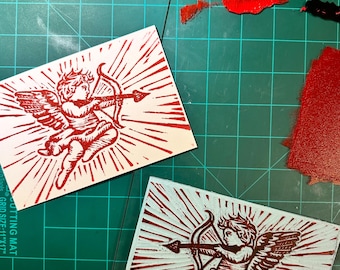Original Cupid Block Print - Hand-carved Linocut Art 4"x6"
