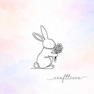 Può includere: Un disegno a linea minimalista di un coniglio che tiene in mano un mazzo di fiori. L'opera d'arte è in nero su uno sfondo acquerellato morbido con tonalità pastello di rosa, viola e blu. La parola "crafttcore" è scritta in corsivo.