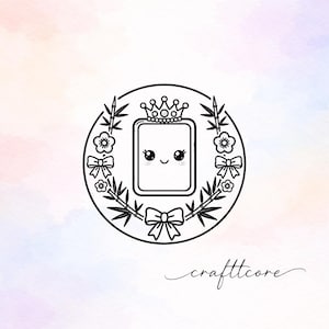 May include: A black and white circular logo featuring a rectangular character with a smiling face and a crown. The character is framed by bamboo stalks, small flowers, and bows. The text crafttcore is written in a cursive script below the circle.