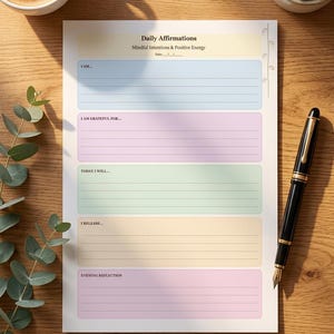 May include: A Daily Affirmations printable on a wooden surface. The sheet has sections for "I AM", "I AM GRATEFUL FOR", "TODAY I WILL", "I RELEASE", and "EVENING REFLECTION". A black and gold pen rests on the right side. A cup of coffee and a succulent are also present.
