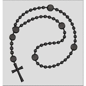 May include: A black rosary with a cross pendant. The rosary features small, round beads and larger, textured beads. The cross is a simple, classic design.
