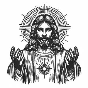 Könnte beinhalten: Schwarz-weiße Illustration einer religiösen Figur mit Heiligenschein und ausgestreckten Armen. Die Figur hat lange Haare und einen Bart, mit einem Kreuz auf der Brust. Das Bild ist eine detaillierte Strichzeichnung.