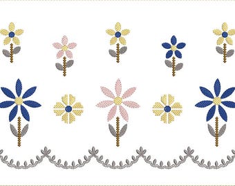 Disegno di ricamo floreale / Bordo di fiori da giardino / File digitale di ricamo a macchina
