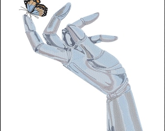 Disegno per ricamo a mano di robot e farfalla / File per ricamo a macchina / Download immediato