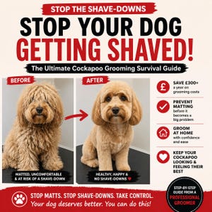 Puede incluir: Anuncio que promueve una guía de aseo para Cockapoos. La imagen muestra una comparación del antes y el después del aseo de un perro, con el texto "STOP YOUR DOG GETTING SHAVED!". La imagen del "antes" muestra un perro enmarañado, y la imagen del "después" muestra un perro bien arreglado.