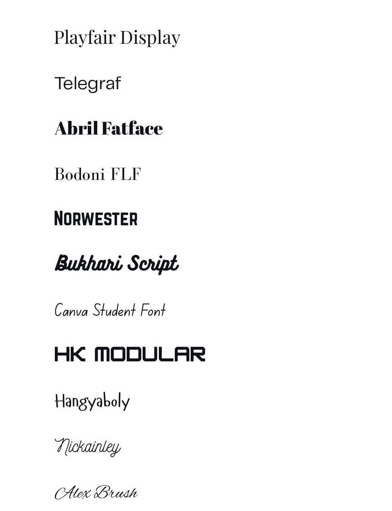 Peut inclure: Sur fond blanc, une s&eacute;lection de noms de polices d'&eacute;criture en noir. Les polices comprennent Playfair Display, Telegraf, Abril Fatface, Bodoni FLF, NORWESTER, Bukhari Script, Canva Student Font, HK MODULAR, Hangyaboly, Nickainley et Alex Brush.
