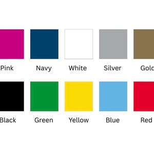Peut inclure: Une palette de couleurs pr&eacute;sentant dix &eacute;chantillons de couleurs unies : rose, bleu marine, blanc, argent, or, noir, vert, jaune, bleu et rouge. Chaque couleur est &eacute;tiquet&eacute;e avec son nom en police sans-serif.