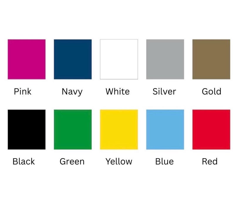 Peut inclure: Une palette de couleurs pr&eacute;sentant dix &eacute;chantillons de couleurs unies : rose, bleu marine, blanc, argent, or, noir, vert, jaune, bleu et rouge. Chaque couleur est &eacute;tiquet&eacute;e avec son nom en police sans-serif.