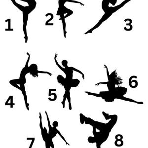 Peut inclure: Illustrations de silhouettes noires de danseurs de ballet dans diverses poses, y compris des sauts, des extensions et des arabesques. L'image comprend &eacute;galement un breakdancer. Les chiffres 1 &agrave; 8 sont plac&eacute;s &agrave; c&ocirc;t&eacute; de chaque figure.