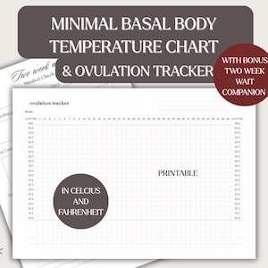 Può includere: Un grafico minimalista stampabile della temperatura basale e un tracker dell'ovulazione. Il grafico include un accompagnamento di attesa di due settimane ed è disponibile in Celsius e Fahrenheit. Il design è semplice e pulito.