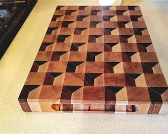 End Grain Cutting Board: Walnut, Maple, Cherry Wood Tumbling Blocks Art