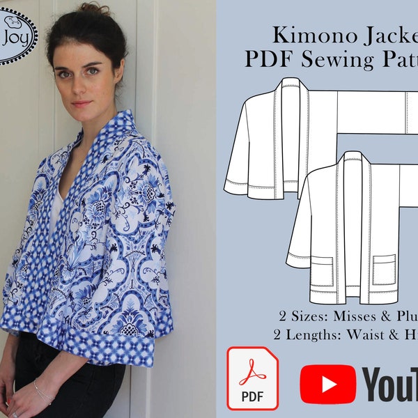 Cartamodello per giacca kimono - Istruzioni per cucire PDF in inglese + Video Tutorial, Misses + Plus, Cartamodello PDF in A4, Lettera USA A0 + Tutorial