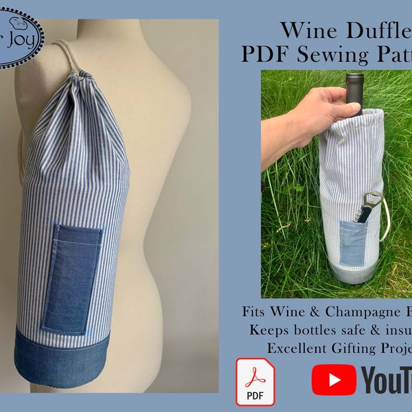 Wine Duffle Champagne Drawstring Tote Picnic Gift Bag Easy Sewing Pattern PDF