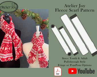 Scarf Sewing PDF Pattern - Adult and Child - Fringe, Pompom, Muffler, Pull Through, Fleece, Easy Beginner Sewing - Easy Sew - Video Tutorial