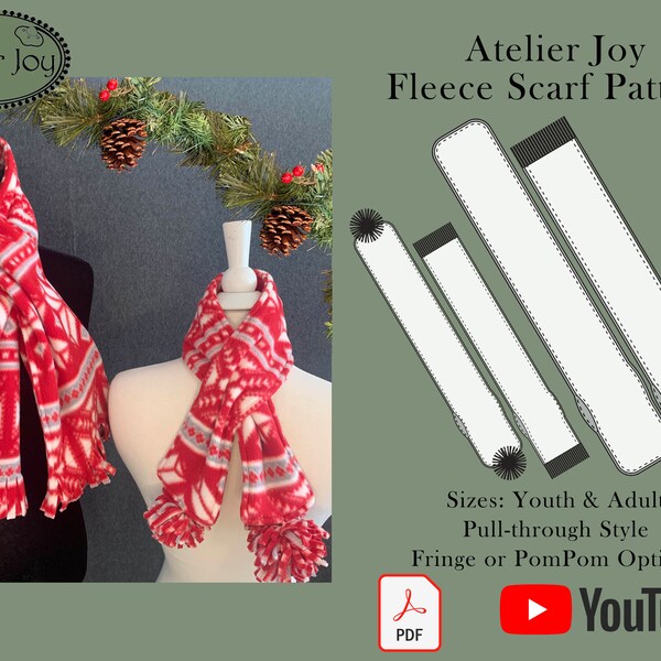 Scarf Sewing PDF Pattern - Adult and Child - Fringe, Pompom, Muffler, Pull Through, Fleece, Easy Beginner Sewing - Easy Sew - Video Tutorial