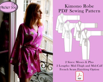 Woman Kimono Robe Sewing Pattern in Short or Long Version - Morning Dress - Misses or Plus OSFM A0, A4, US-Letter & Written Tutorial