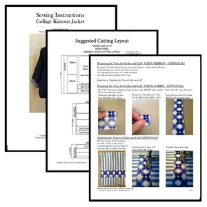 May include: Sewing instructions for a collage kimono jacket with a suggested cutting layout. The instructions include steps for preparing and applying trim to the collar and cuffs using ribbon or fabric. The images show the steps involved in preparing and applying the trim.