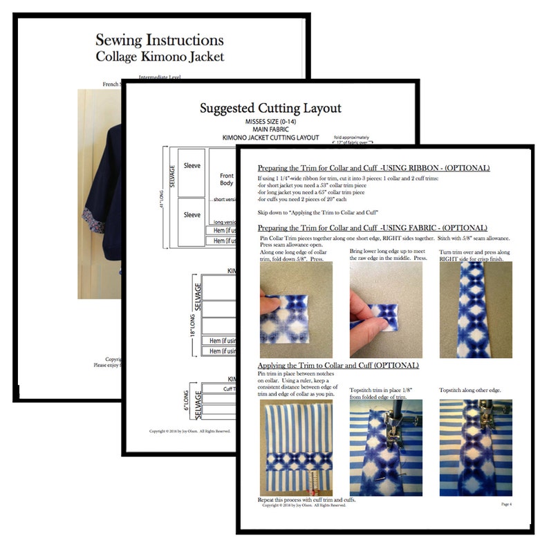 May include: Sewing instructions for a collage kimono jacket with a suggested cutting layout. The instructions include steps for preparing and applying trim to the collar and cuffs using ribbon or fabric. The images show the steps involved in preparing and applying the trim.