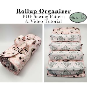 May include: A pink and white patterned roll-up organiser with multiple zipped compartments. The organiser is shown rolled up and unrolled, displaying its storage capacity. The text "Rollup Organizer PDF Sewing Pattern & Video Tutorial" is visible.