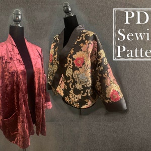 May include: Two sewing patterns for a kimono style jacket. One is a burgundy velvet fabric and the other is a black fabric with a floral pattern. The text "PDF Sewing Pattern" is in a white box.