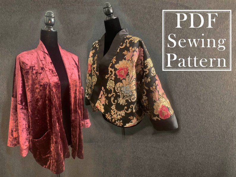 May include: Two sewing patterns for a kimono style jacket. One is a burgundy velvet fabric and the other is a black fabric with a floral pattern. The text "PDF Sewing Pattern" is in a white box.
