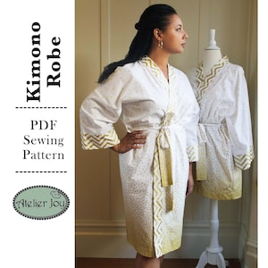 May include: A white and gold kimono robe with a chevron pattern on the sleeves and a tie belt. The robe is shown on a mannequin and a person. The text "Kimono Robe" and "PDF Sewing Pattern" is visible on the left side of the image. The text "Atelier Joy" is visible in a green circle on the bottom left of the image.