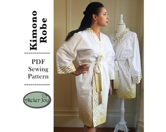 Woman Kimono Robe Sewing Pattern in Short or Long Version - Morning Dress - Misses or Plus OSFM A0, A4, US-Letter & Written Tutorial