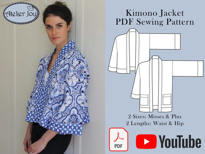 May include: A white PDF sewing pattern for a kimono jacket. The pattern includes two sizes: Misses and Plus, and two lengths: Waist and Hip. The image also includes a YouTube logo and the text "Kimono Jacket PDF Sewing Pattern".