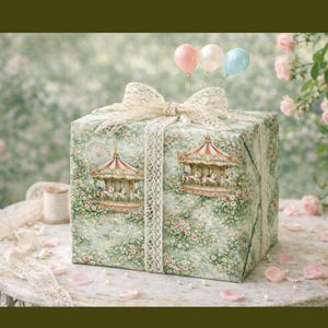 May include: A square gift box wrapped in floral paper, decorated with a lace bow and three miniature balloons. The box features carousel imagery and is trimmed with lace. Pink roses and petals surround the box, creating a romantic scene.