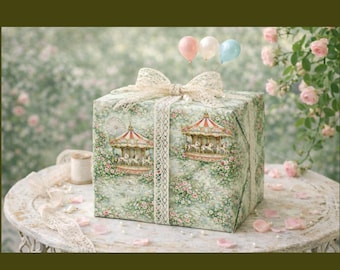 Vintage Carousel Garden Wrapping Paper – Romantic Floral Gift Wrap, Rose Garden Carousel Horses, Luxury Storybook Gift Wrap