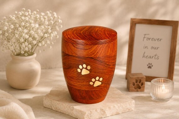 Personalized Rosewood Pet Urn with Brass Paw Inlay | Dog Cat Memorial Keepsake