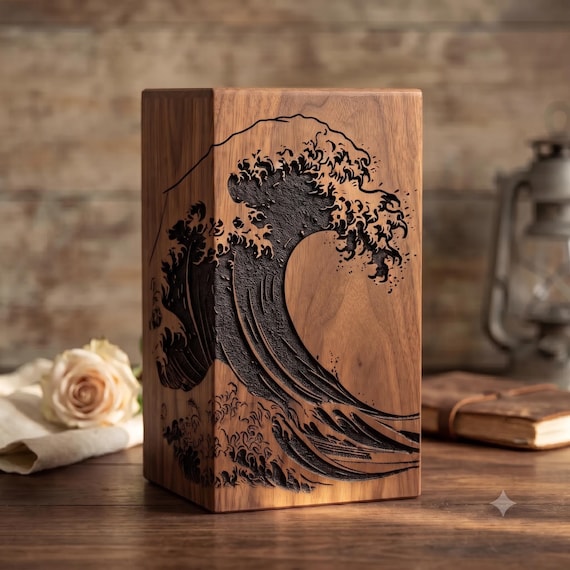 Handmade Ocean Wave Cremation Urn, Personalized Wooden Ashes Box, Rosewood Memorial Keepsake Box