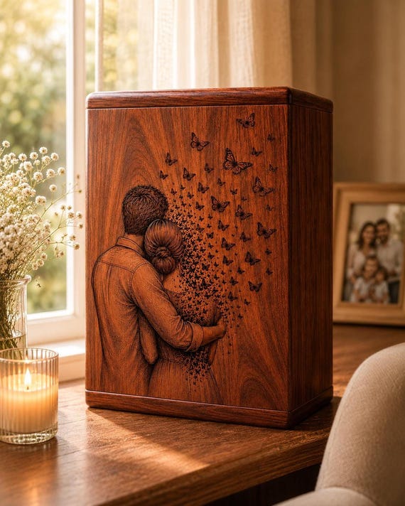 Personalized Wooden Urn for Human Cremation Ashes – Hugging Couple Memorial Box, Butterfly Keepsake