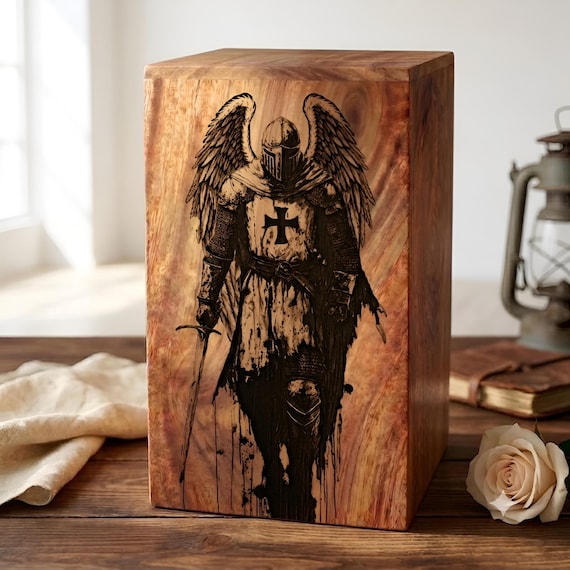 Rosewood Cremation Urn, Angel Knight Laser Engraved Memorial Box, Personalized Keepsake Adult