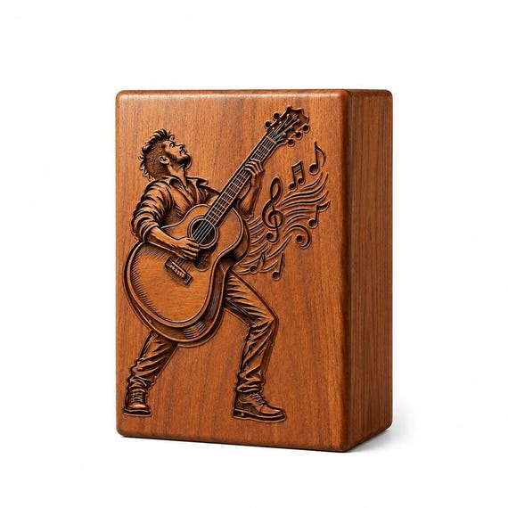 Laser Engraved Wooden Guitar Player Urn | Personalized Musician Memorial Keepsake Box
